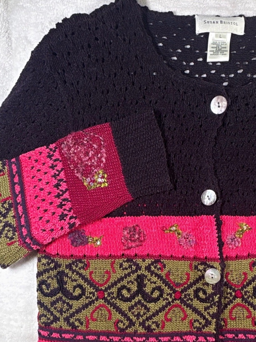 Susan Bristol Purple Knit Cardigan with Pink and Olive Patterned Panels Large